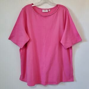 Quacker Factory Tee Womens 1X Pink Short Sleeve Rhinestone Crew Neck T-Shirt New